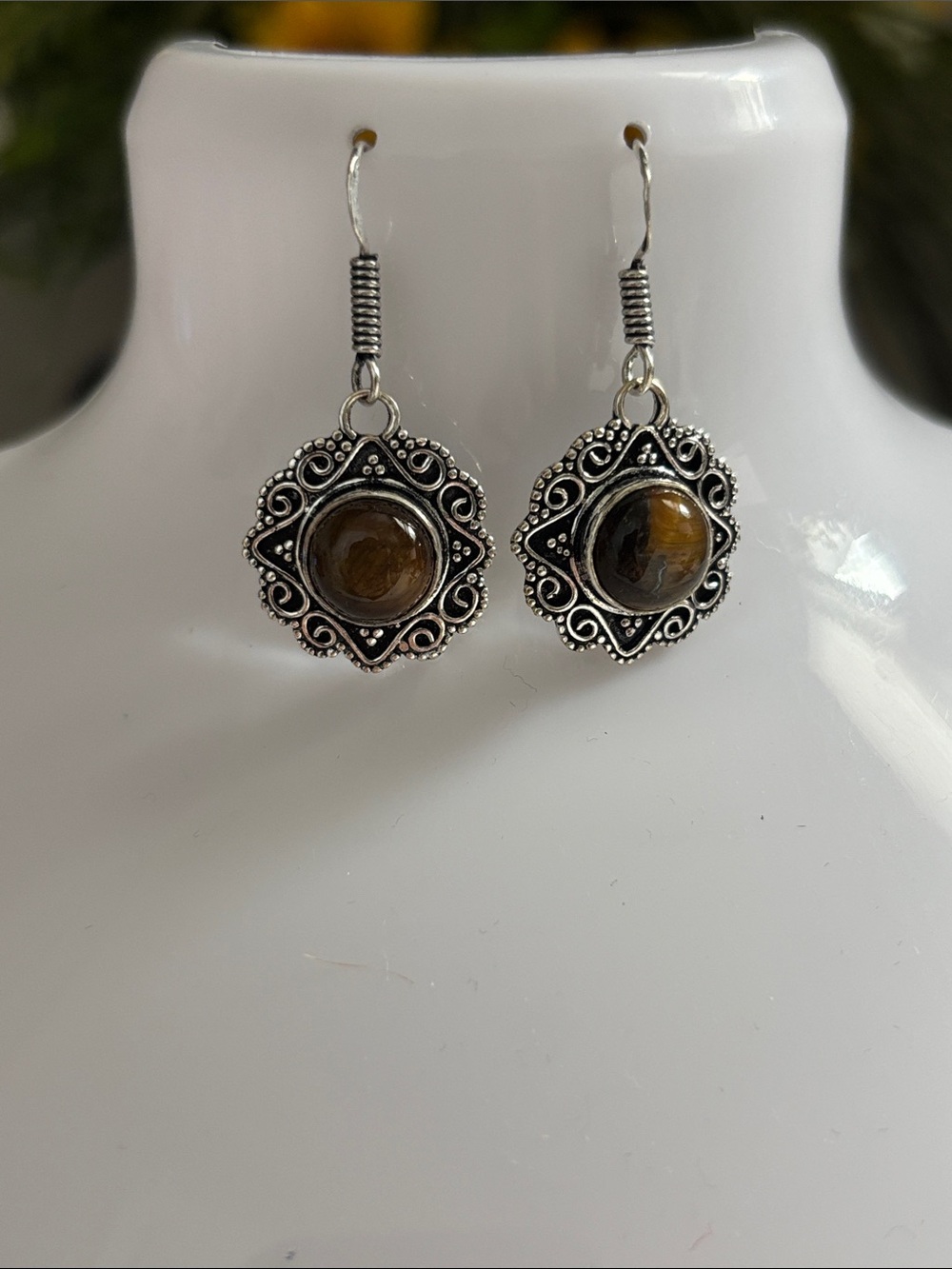 Bohemian Tiger Eye Gemstone Drop Earrings - Silver